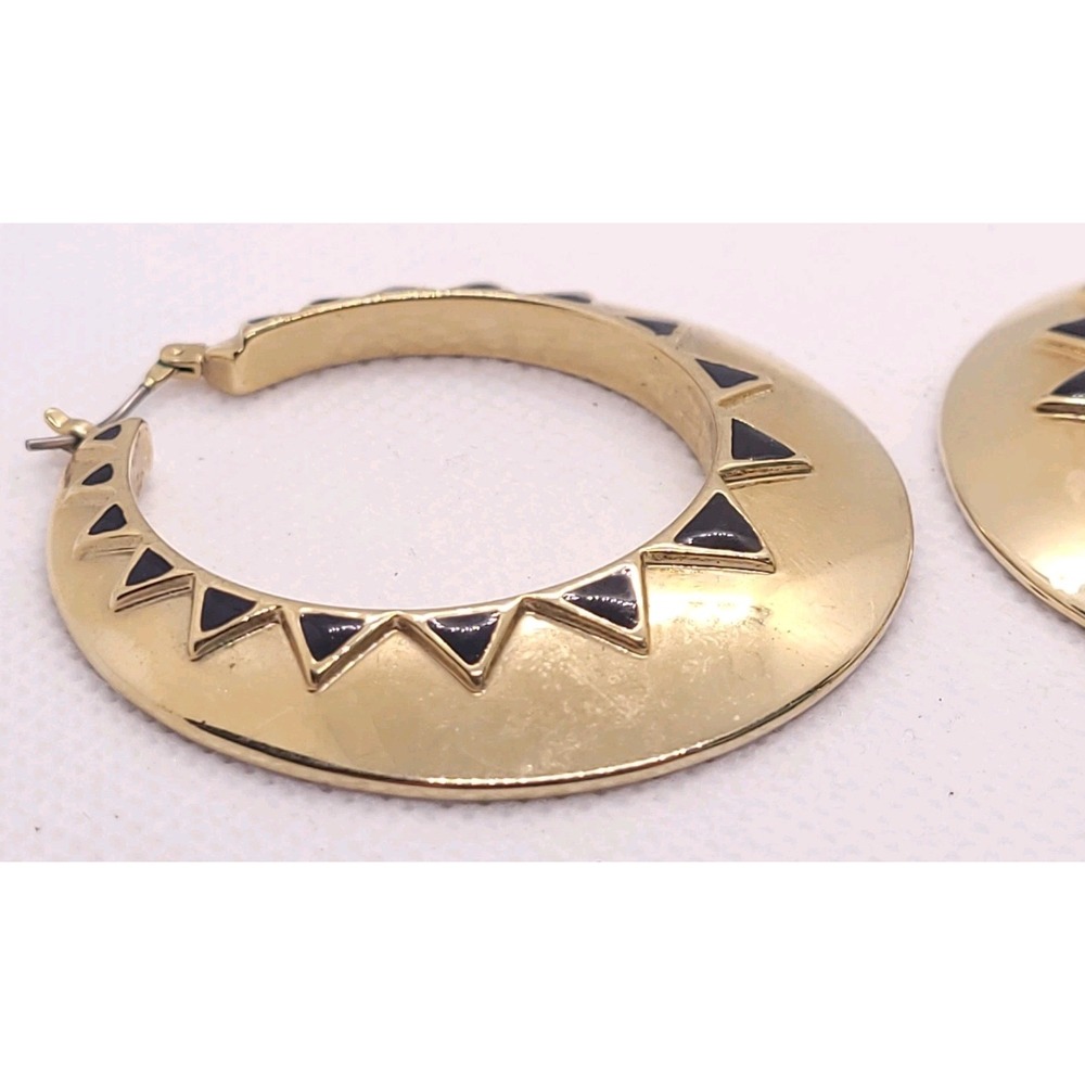 Signed Gold Tone Black Triangle Wide Hoop Earrings Vintage Geometric